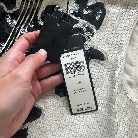 NWT BCBGMaxAzria Geri Cream Black Sequin Mini Shift Dress Size Small - Picture 7 of 11
